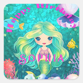 Fun Mermaid Themed Happy Birthday Party Quadratischer Aufkleber