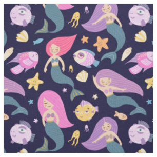 Fun Mermaid und Fischmuster auf blau Stoff