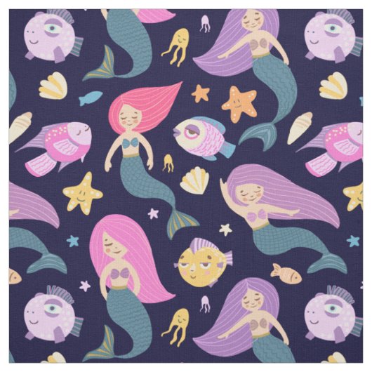 Fun Mermaid und Fischmuster auf blau Stoff (Muster)