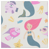 Fun Mermaid und Fischmuster auf Weiß Stoff (Nahaufnahme)