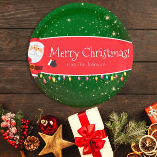 Fun Merry Christmas Santa Last Name Red and Green Pappteller