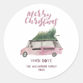Fun Merry Christmas Tree Van Watercolor Holiday Runder Aufkleber