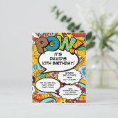 Fun Modern Birthday Party Comic Book Einladungspostkarte (Stehend Vorderseite)