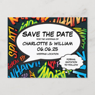 Fun Modern Comic Book Save the Date Hochzeit Postkarte