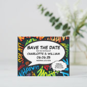 Fun Modern Comic Book Save the Date Hochzeit Postkarte (Stehend Vorderseite)