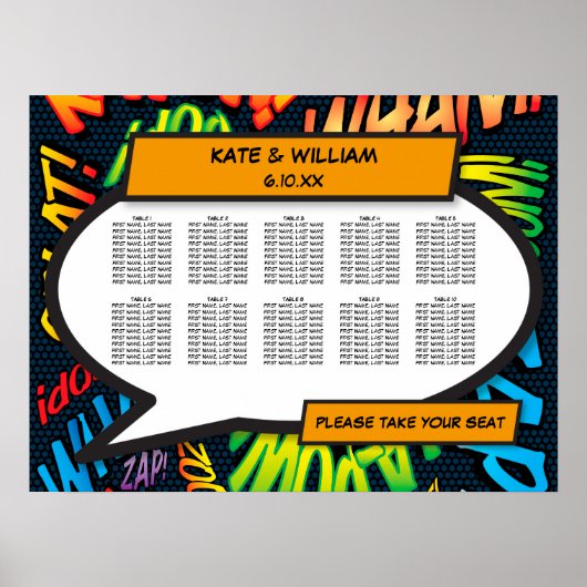 Fun Modern Comic Book Wedding Chart Poster (Vorne)
