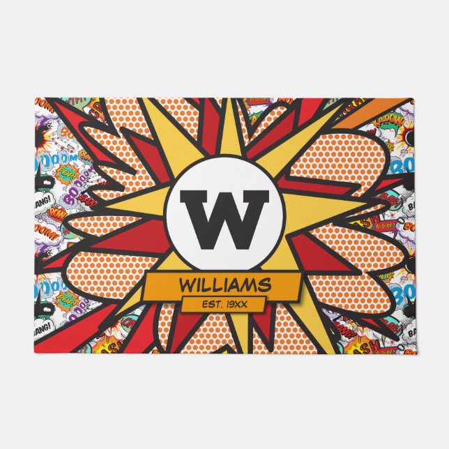 Fun Modern Family Name Monogram Comic Book Fußmatte (Vorderseite)