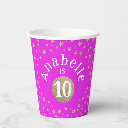 Fun Modern Girly Pink Gold Glitzer Stars Geburtsta Pappbecher (Vorderseite)