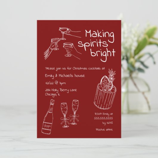 Fun & Modern Handgezeichnetes Rot & Weiß Weihnacht Einladung (Stehend Vorderseite)