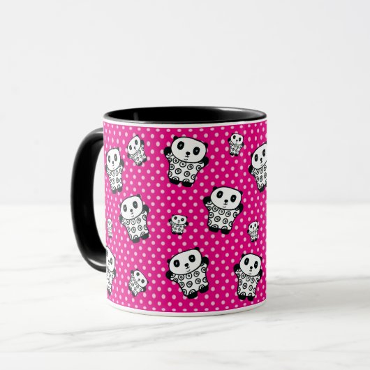 Fun Modern Pink Girly Kawaii Panda Bear Polka Dots Tasse (Vorderseite Links)