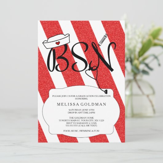 FUN MODERN RN Abschluss lädt RED Glitzer Look ein Einladung (Stehend Vorderseite)