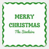 Fun Modern Wavy Border Green Weihnachten Party Quadratischer Aufkleber (Vorderseite)