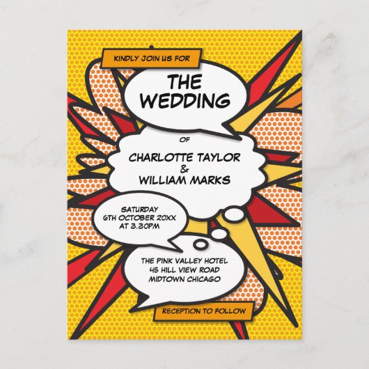 Fun Modernes Comic Pop Hochzeit Einladungspostkarte (Vorderseite)
