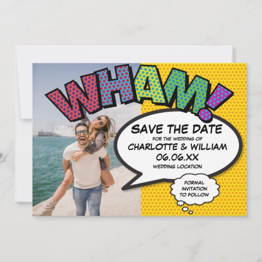 Fun Modernes Comic WHAM Foto Save The Date (Vorderseite)