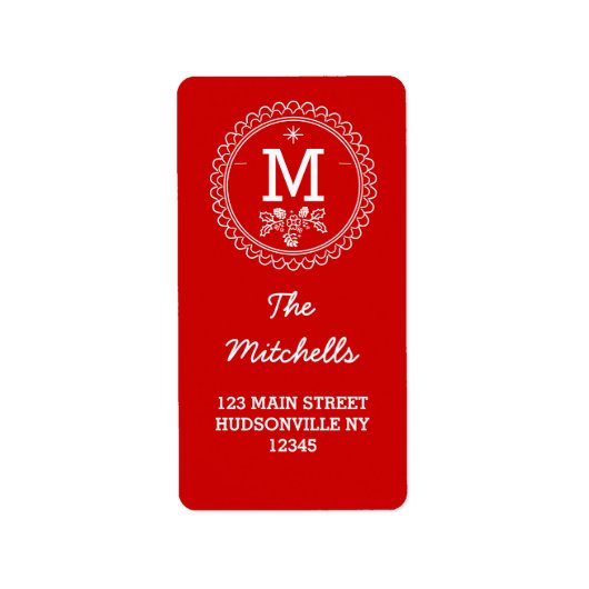 Fun Monogram Feiertag Rot & Weiß Adressaufkleber (Vorne)