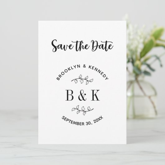 Fun Monogram Floral Botanical Wedle Name Save The Date (Stehend Vorderseite)