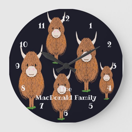 Fun Monogram Scottish Highland Cow Große Wanduhr (Vorderseite)