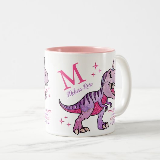 Fun Monogramm Name Unicornasaurus Glitzer T-Rex Zweifarbige Tasse (VorderseiteRechts)