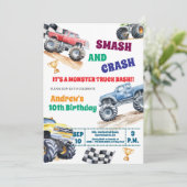 Fun Monster Trucks 10th Birthday Party Invitation Einladung (Stehend Vorderseite)
