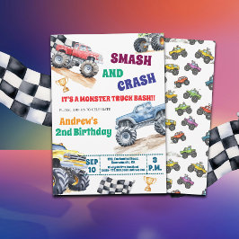 Fun Monster Trucks 2nd Birthday Party Invitation Einladung