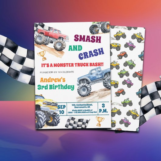 Fun Monster Trucks 3rd Birthday Party Invitation Einladung