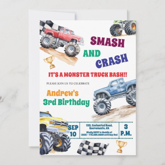 Fun Monster Trucks 3rd Birthday Party Invitation Einladung (Vorderseite)