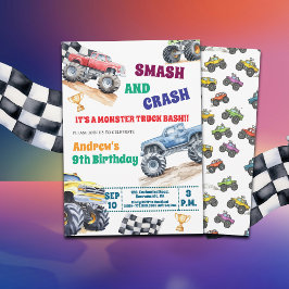 Fun Monster Trucks 9th Birthday Party Invitation Einladung