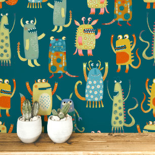 Fun Monsters Muster Aquamarin grün Tapete