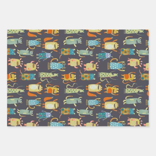 Fun Monsters Muster Geschenkpapier Set (Vorderseite)
