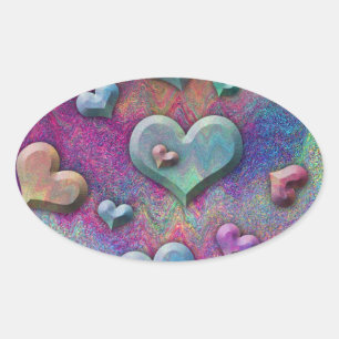 Fun Multicolred Metallic Looking Hearts Art Ovaler Aufkleber