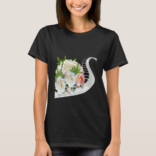 FUN MUSIC ROSE PIANO MUSIC NOTES & FLOWERS CLUSTER T-Shirt (Vorderseite)