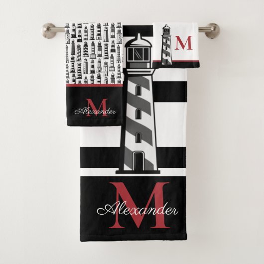 Fun Nautical Red Schwarz-weiß Stripe Lighthouse Badhandtuch Set (Insitu)