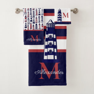 Fun Nautical Red White Navy Blue Stripe Leuchtturm Badhandtuch Set