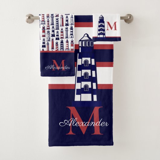 Fun Nautical Red White Navy Blue Stripe Leuchtturm Badhandtuch Set (Insitu)