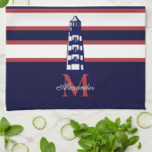 Fun Nautical Red White Navy Blue Stripe Leuchtturm Geschirrtuch (Gefaltet)