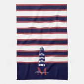 Fun Nautical Red White Navy Blue Stripe Leuchtturm Geschirrtuch (Vertikal)