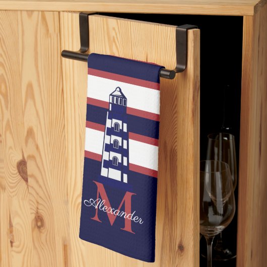 Fun Nautical Red White Navy Blue Stripe Leuchtturm Geschirrtuch (Drittel gefaltet)