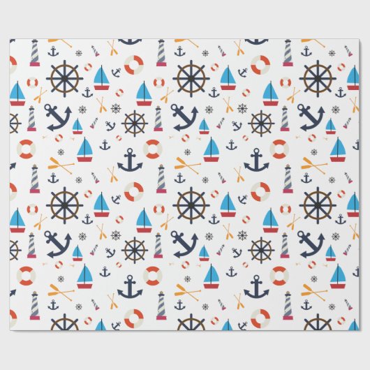 Fun Nautical Sailboat Leuchtturm Ocean Sea Muster Geschenkpapier (Flach)