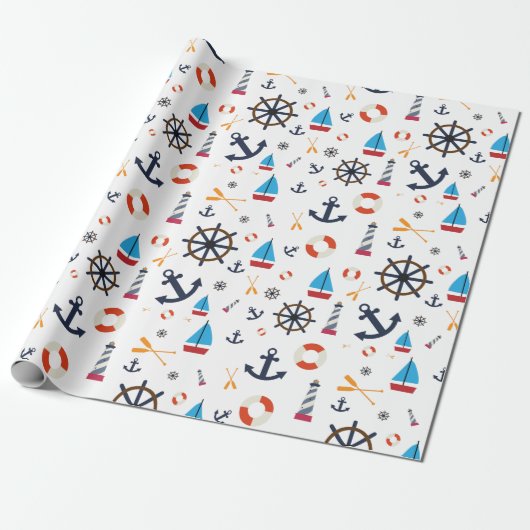 Fun Nautical Sailboat Leuchtturm Ocean Sea Muster Geschenkpapier (Ungerollt)