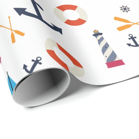Fun Nautical Sailboat Leuchtturm Ocean Sea Muster Geschenkpapier (Rolleneckpunkt)