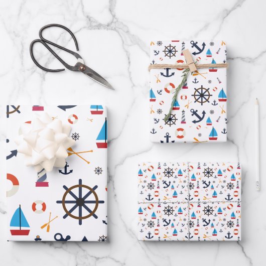 Fun Nautical Sailboat Leuchtturm Ozeanmuster Geschenkpapier Set (Vorderseite)
