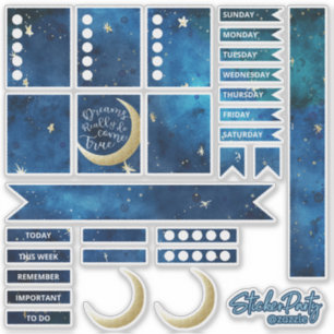 Fun Navy Blue & Gold Moon & Stars Planer Sticker