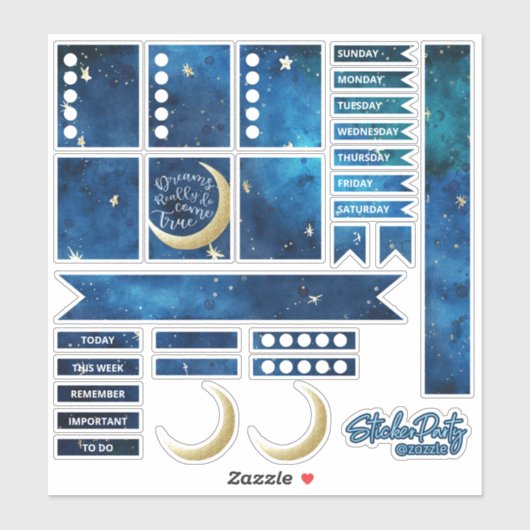 Fun Navy Blue & Gold Moon & Stars Planer Sticker (Blatt)