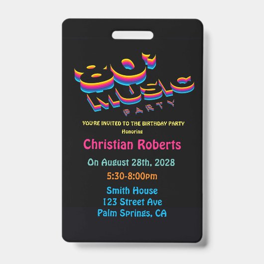 Fun Neon 80's Music Birthday Party Abzeichen Ausweis (Vorderseite)