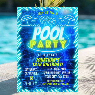 Fun Neon Glow Blue Green Pool Party Boys Geburtsta Einladung