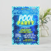 Fun Neon Glow Blue Green Pool Party Boys Geburtsta Einladung (Stehend Vorderseite)
