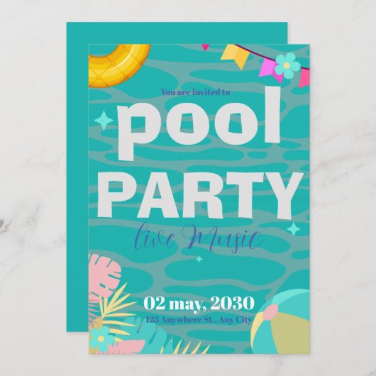 Fun Neon Glow Blue Green Pool Party Boys Geburtsta Einladung (Vorne/Hinten)