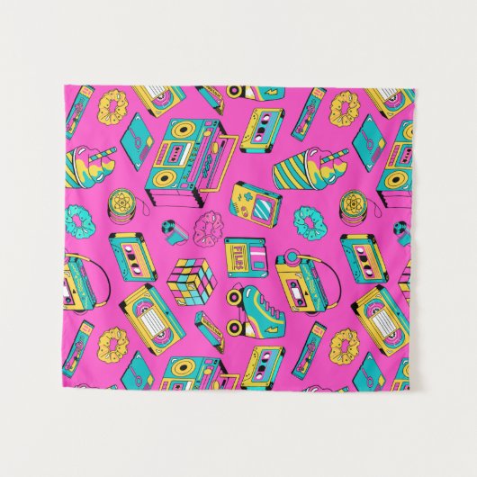 Fun Neon Pink Retro 80er 90er Tech Bright Muster Wandteppich (Vorderseite (Horizontal))