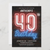 Fun Neon Retro 40. Geburtstag Party Einladung (Vorderseite)