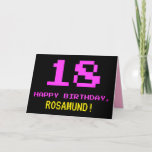 Fun, Nerdy, Geeky, Pink, 8-Bit Style 18th Birthday Karte<br><div class="desc">The front of this fun, nerdy, and geeky birthday greeting card design feature a large pink number "18", along with the message "HAPPY BIRTHDAY" in pink and a bold yellow customizable recipient name. The text has a look inspirred by that of vintage 8-bit style video/computer game graphics from the 1970s...</div>